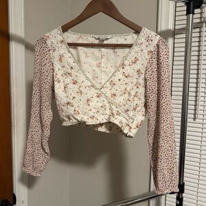 American Eagle Outfitters Floral Wrap Blouse - Cream and Pink